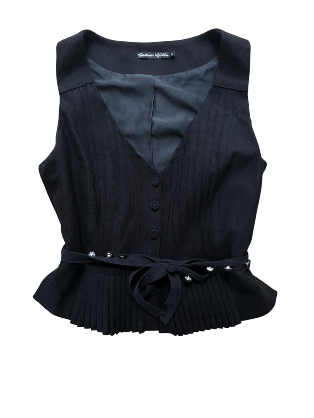 Gudrun Sjoden Black Wool Pintuck Tie Waist Vest Waistcoat Size Small Scandi